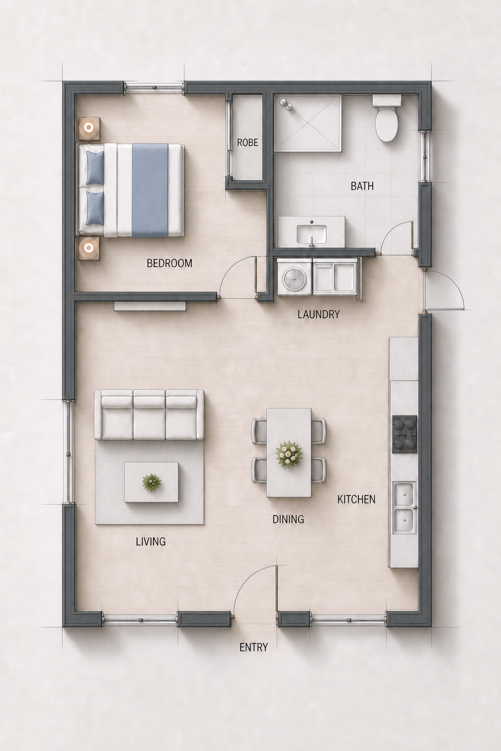 OPALSKY HOMES one-bedroom and one-bathroom display floor plan