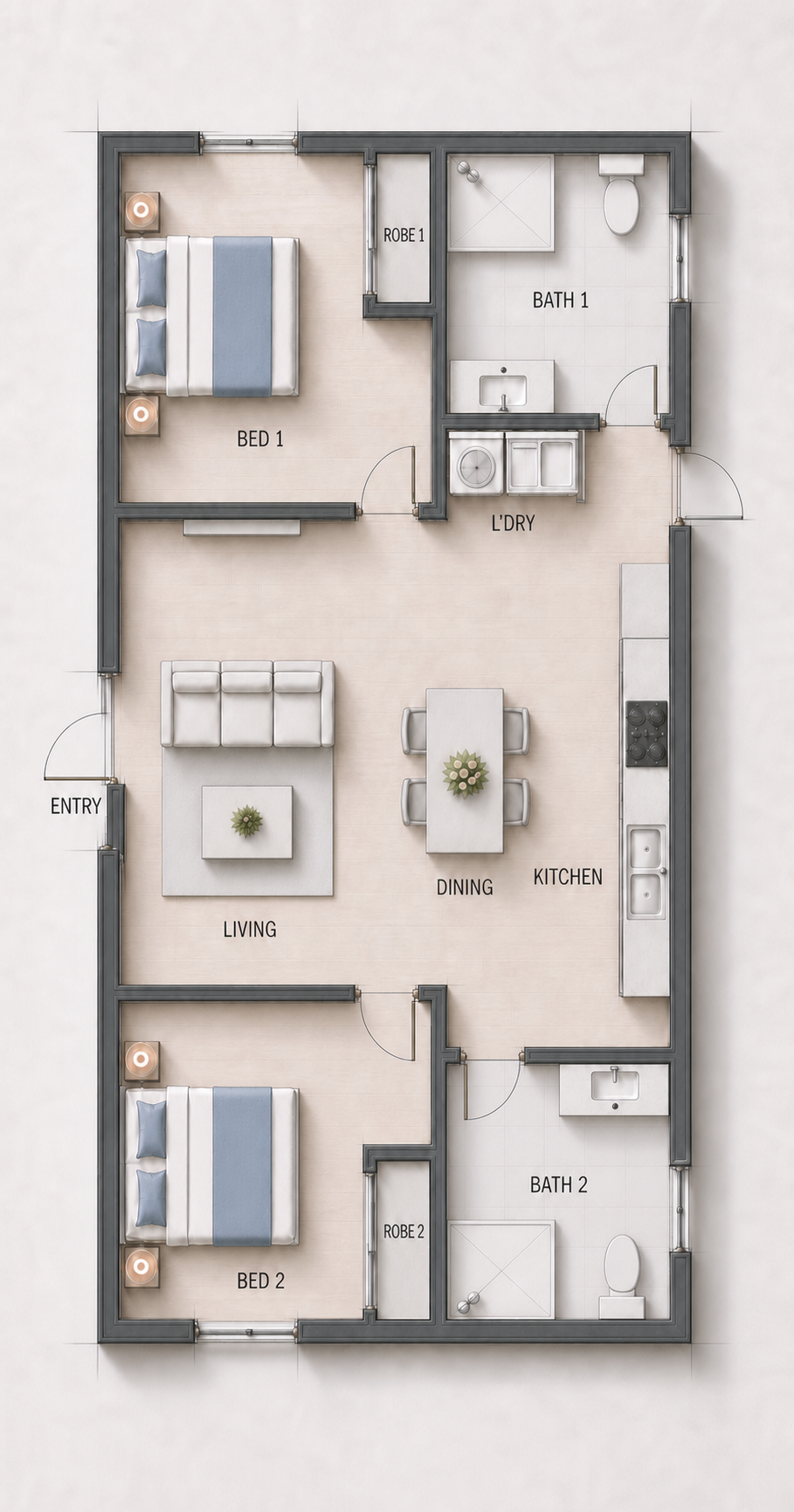 OPALSKY HOMES two-bedroom and two-bathroom display floor plan