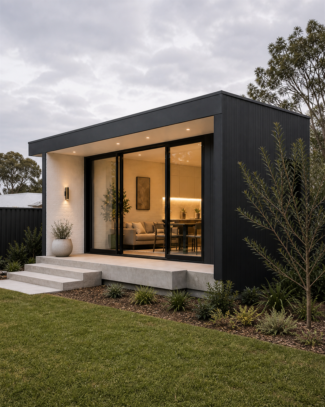 Dark facade backyard home concept with full-height glazing, entry steps and subtropical landscaping